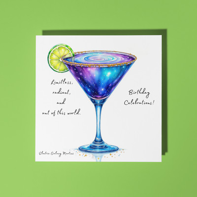 Handmade Electric Galaxy Martini cocktail - Happy Birthday Card and Envelope