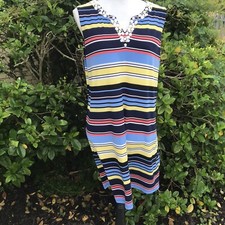 Rafaella Dress Navy Yellow White Striped Sleeveless Beaded Neck Stretch Size LP