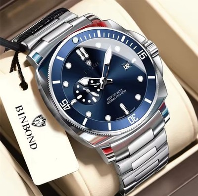 BINBOND Men's Quartz Analog Diver Watch Luminous Blue Dial Steel 44mm 3ATM