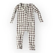 Rylee+Cru Gingham Jumpsuit Romper Brown Check Size 2-3Y Long Sleeve Neutral EUC
