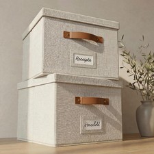 Decorative File Organizer Box Set of 2 - Collapsible Linen Filing Cabinets