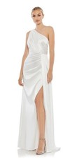 Mac Duggal White Solid One-Shoulder Satin Ruched Side Slit Long Gown 10