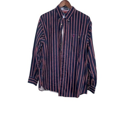 Bugle Boy Dress Shirt Mens L Blue, Red White Striped Casual Long Sleeve