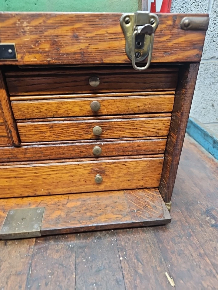 L10- Vintage Wood Oak Machinist Chest Tool Box 18 x 13 x 9 - Image 3 of 4