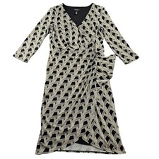 White House Black Market Tulip Wrap Dress Women's 8 Black Beige Printed V-Neck