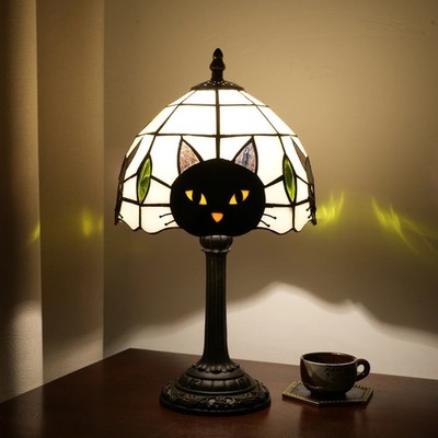 Cute Black Cat Stained Glass Table Lamp Vintage Desk Night Light Bedroom Decor