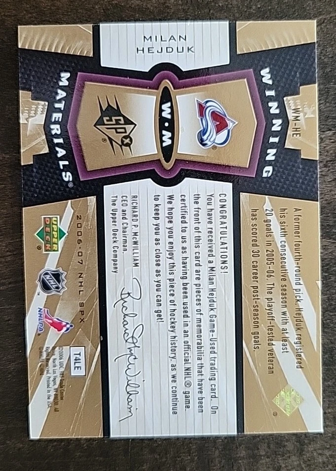 2006-07 SPx Winning Materials #WM-HE Milan Hejduk Game Used Jersey Card Colorado - Image 2 of 2