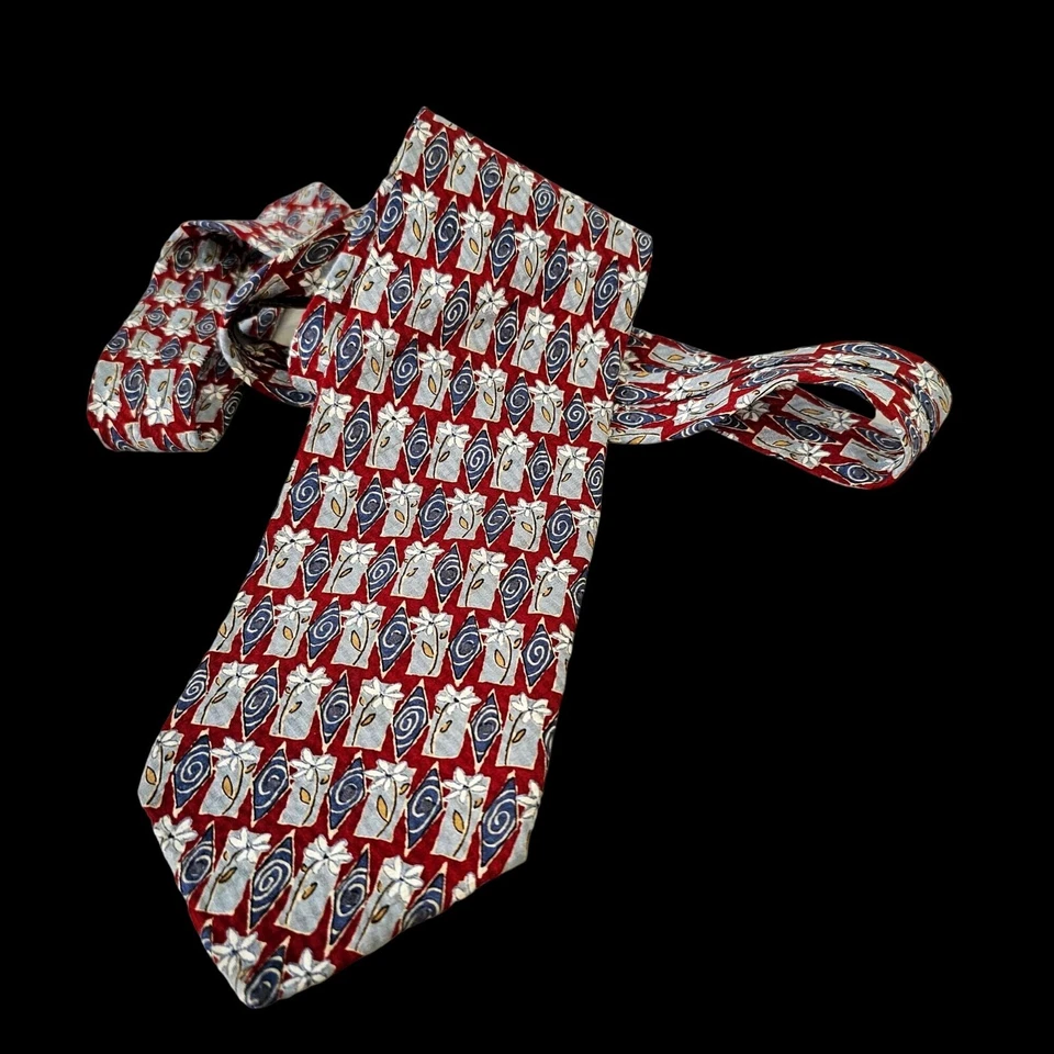 Structure Silk Tie White Daisies on Red Blue 3.75W x 58L Made in USA Vintage - Image 3 of 4