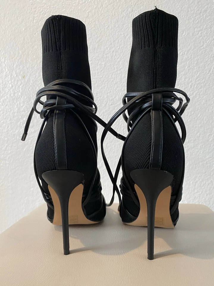 Women's Black Boots Lace Up High Heels Fabric Pleated Party Shoes Size 6 - Image 2 of 4