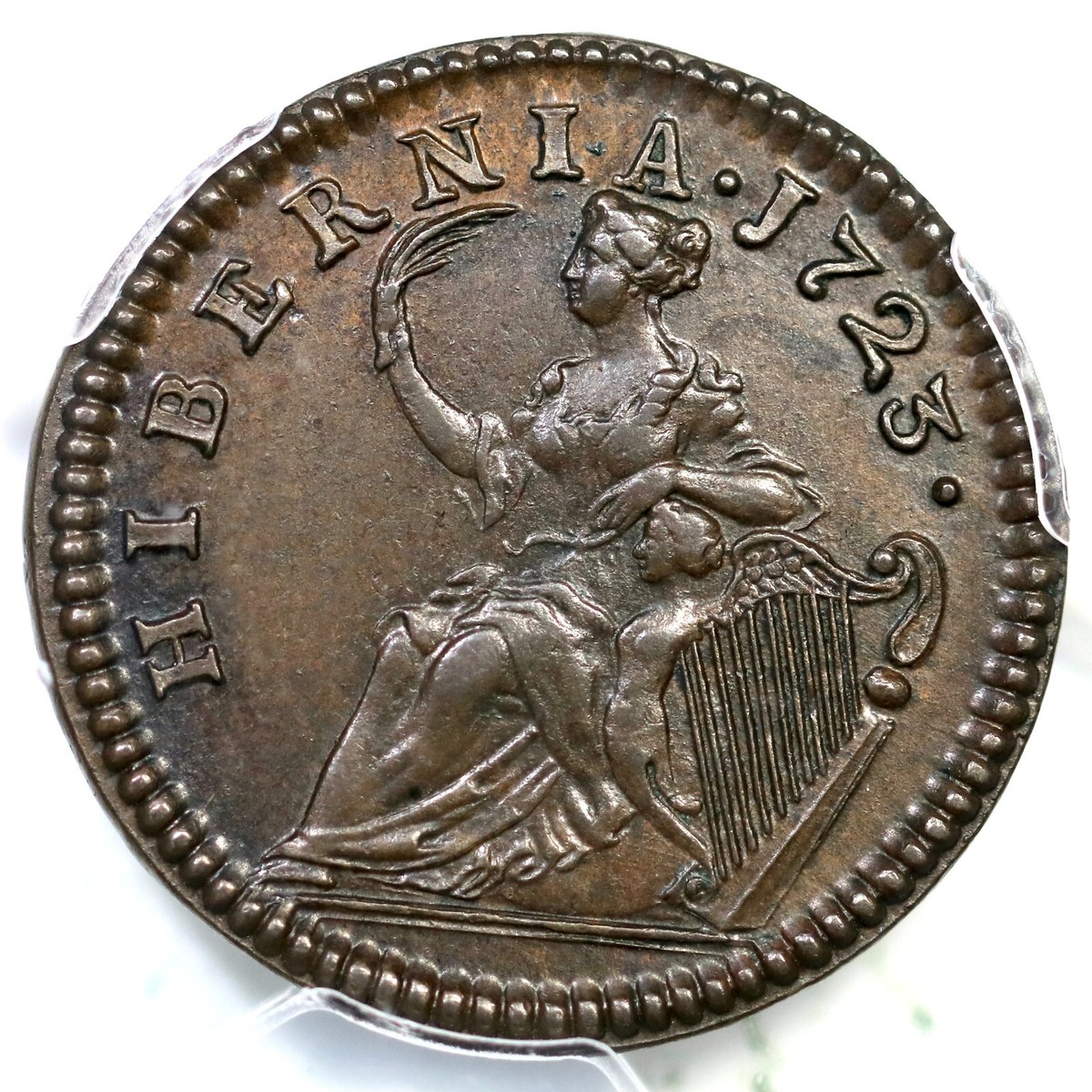 1723 M 4.79-Gb.10 R-6 PCGS AU 58 Wood's Hibernia Halfpenny 1723 M 4.79-Gb.10 R-6 PCGS AU 58 Wood's Hibernia Halfpenny