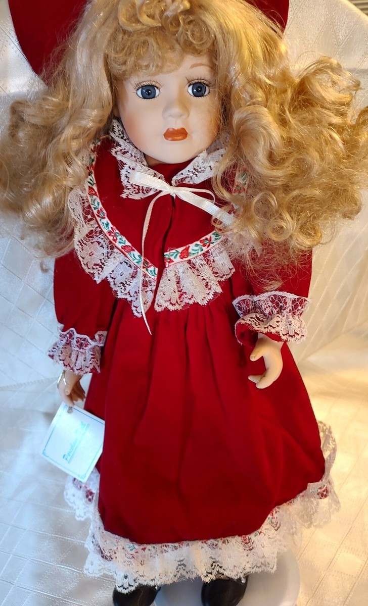 Beautiful Porcelain Doll 20" Red Velvet Lace Dress and Hat | eBay
