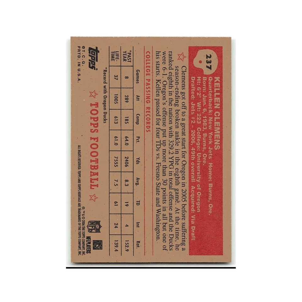 Kellen Clemens Rookie 2006 Topps Heritage #237 New York Jets Football Card NM - Image 2 of 3