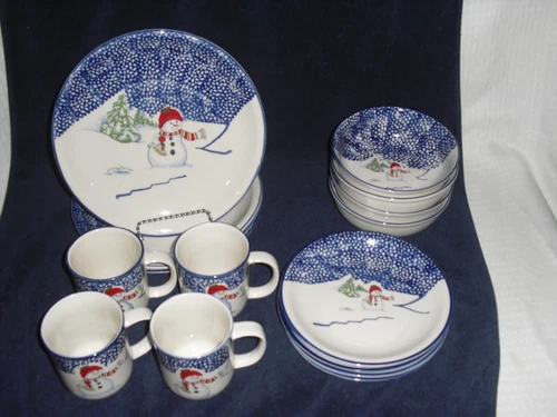 THOMSON POTTERY 16pc Christmas Snowman Dinnerware Set Plates Bowl Cup