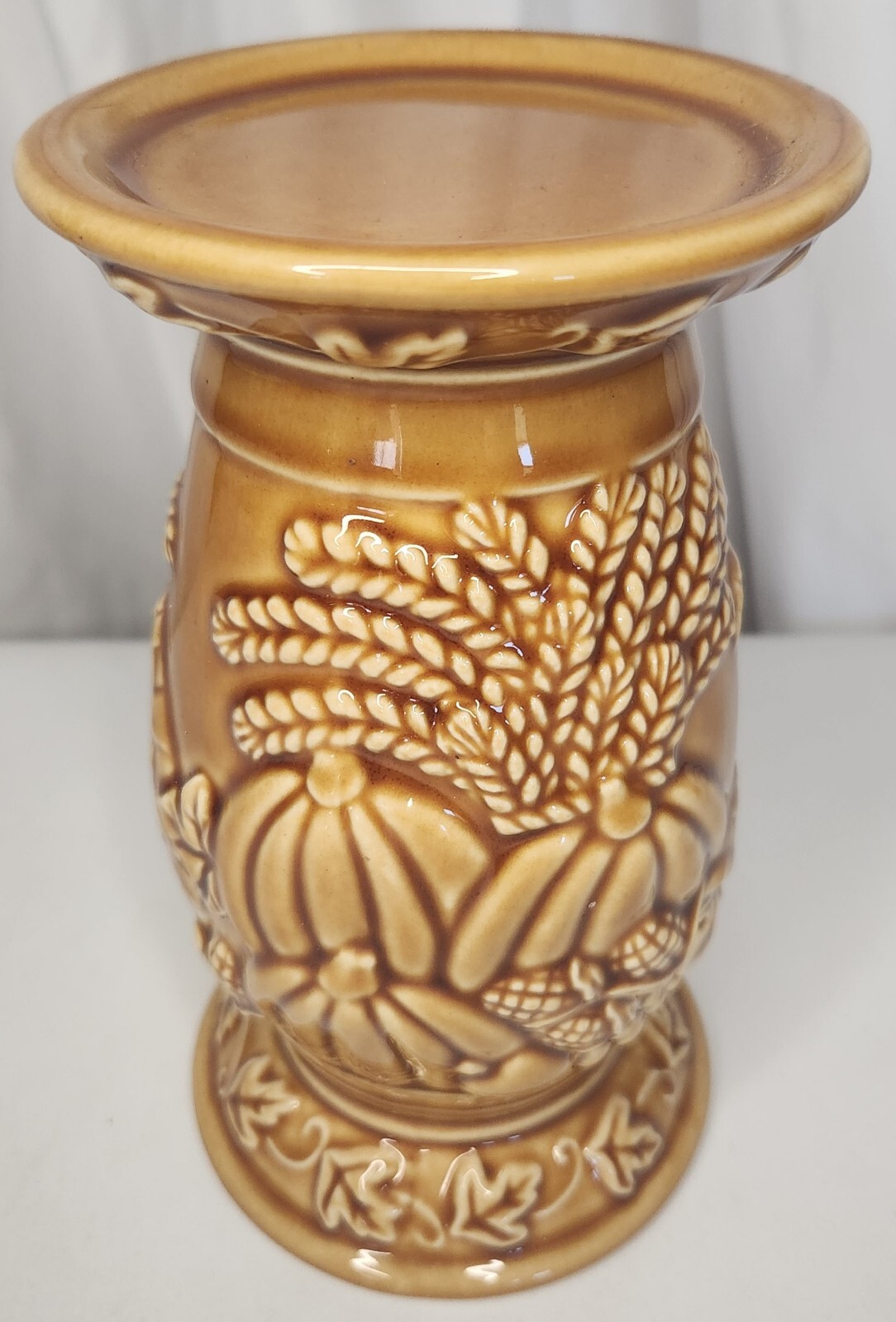 Golden Brown Ceramic Pumpkin Wheat Pillar Candle Holder for Home Decor