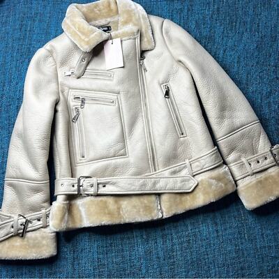 Missguided Premium Zip Detail Aviator Jacket in Stone Women's Size 2 Faux Fur 