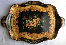 Antique Handled Black Lacquer Hand Painted Rose Floral Serving Vanity Tea Tray