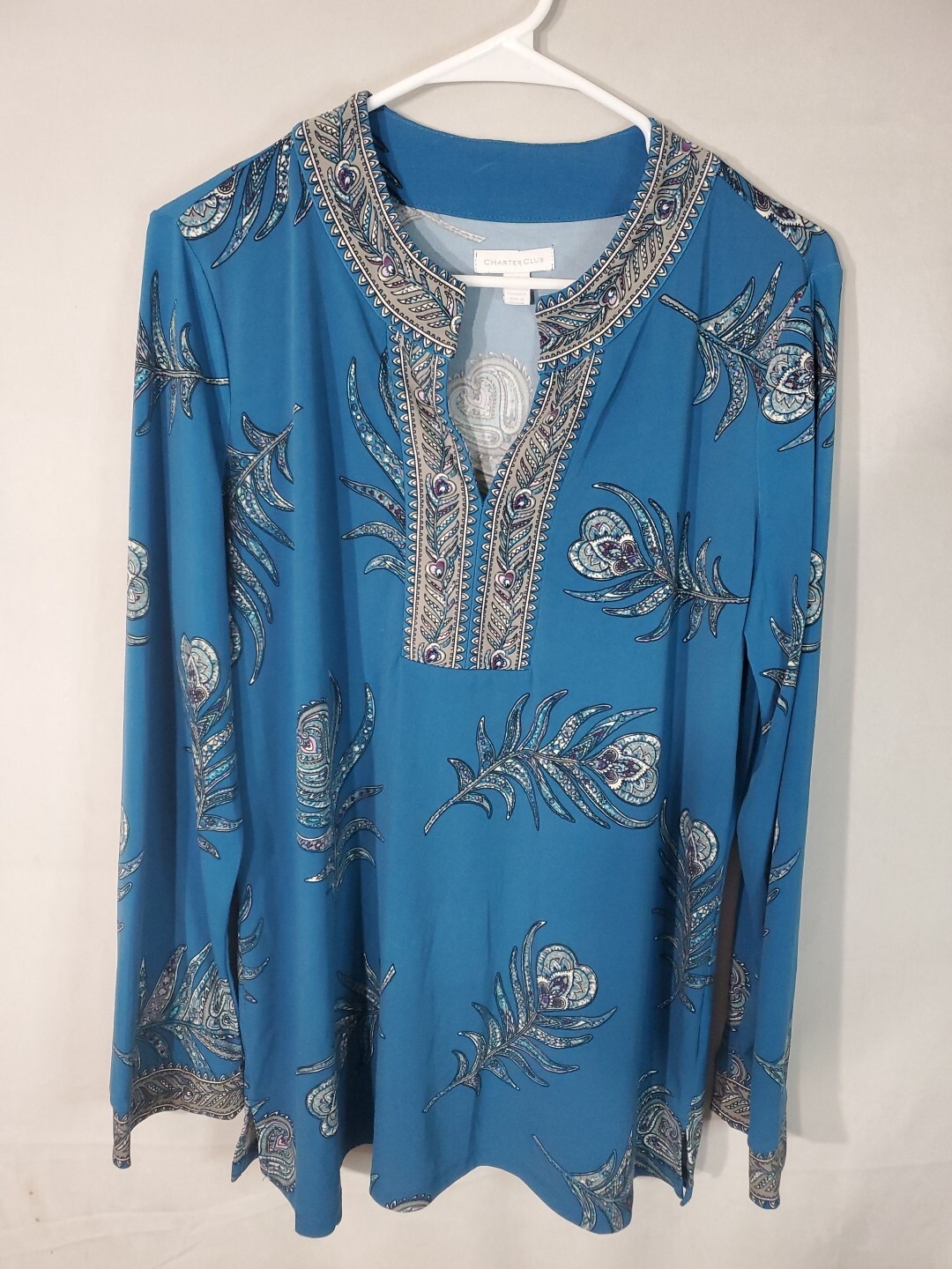 CHARTER CLUB Blouse Women's Size XL 3/4 Sleeve Boho V-Neck Sheer Lightweight