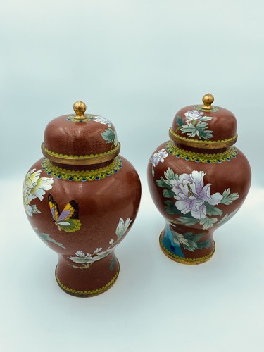 Large Cloisonné Urns With Lids 14” - Pair