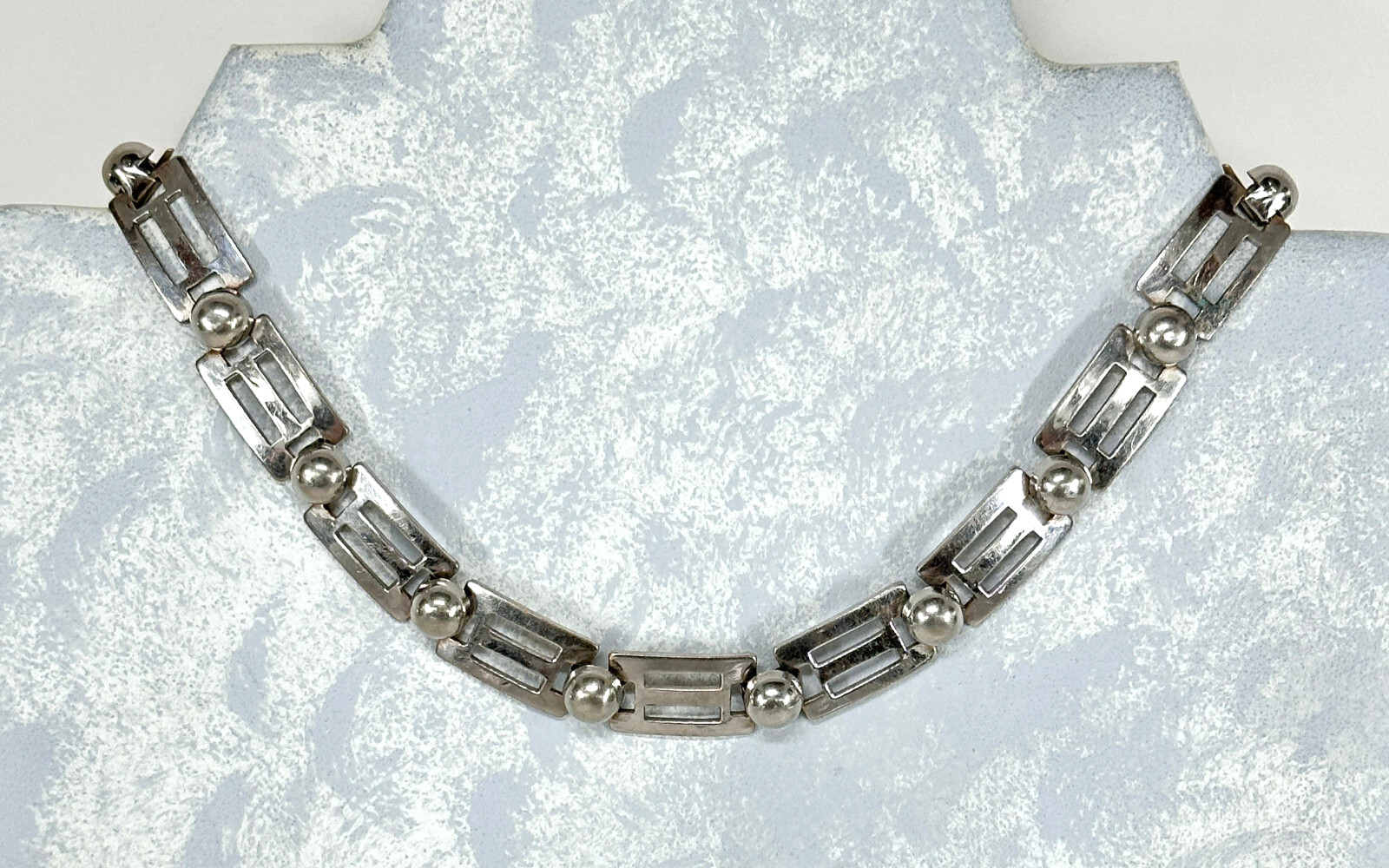 Necklace Silver Tone Rectangular Flat Links and R… - image 1