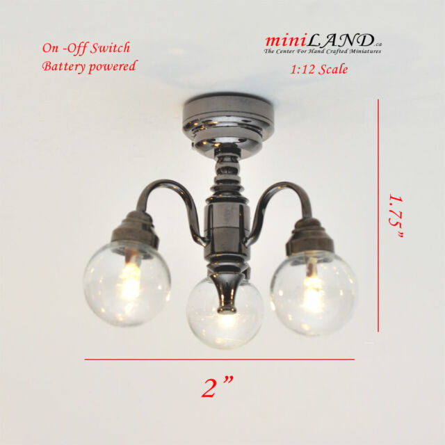3 Arm BLACK clear globe chandelier LED bright switch 1:12 dollhouse miniature