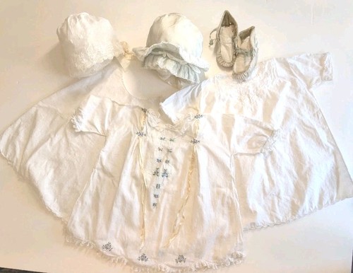Antique 1920s Baby Layette Set Embroidered Gown Mrs Days Ideal Shoes Silk Bonnet