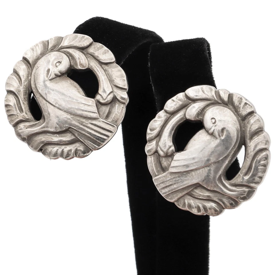Brincos vintage Georg Jensen Dinamarca prata esterlina #66 design pomba - Imagem 3 de 4