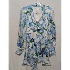 Line and Dot Blue Floral Wrap Mini Dress Long Sleeve Ruffle Small NWT