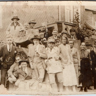 c1910s Group Outing Snapshot Photo Men Accordion Women Hats Delivery Truck Vtg