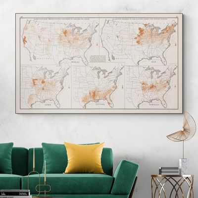 1875 Agriculture Map of United States Farming Regions & Crop Distribution