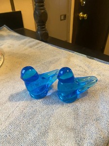 2 Vintage Blue Bird of Happiness Art Glass Paperweight Ron Ray 1991