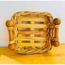 Vintage Woven Wicker Basket w/ Handles Wood Slats Bottom Bread Fruit Centerpiece