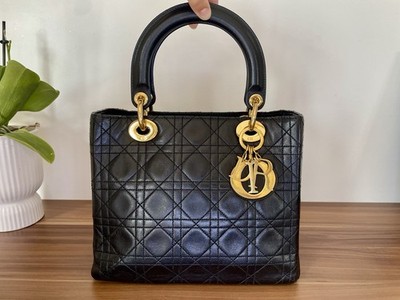 Dior Handtasche Lady Dior Lammleder schwarz Vintage Cannage Charm s vergoldet