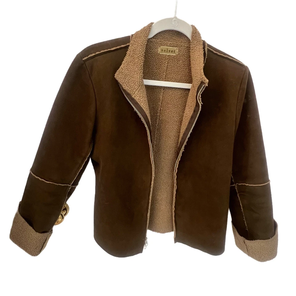 Velvet faux suede and shearling jacket.Womens Size Medium.Color Brownish Green. - Image 2 of 4