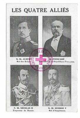 WWI Allied Leaders Postcard   George V, Nicholas II, Albert I,   Red Cross