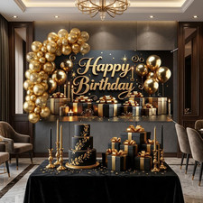Black and Gold Happy Birthday Banner Large 3D Gold Balloons and Gift Boxes Graph