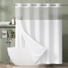 No Hook Shower Curtain and 2 Pack Removable Liner Set for , White Snap in Sho...