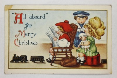 ''All Aboard'' Merry Christmas Children Train Conductor Doll Boy Reading 1918 PC