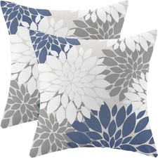 Navy Blue White Grey Pillowcase 16x16 inch Set of 2 Dahlia Floral