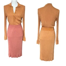 PARTOW Ribbed Knit Polo Shirt Set Brown Pink XS Made in Italy