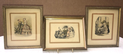 3 Vintage La Mode Illustree French Victorian Dress Prints Gold tone Wooden Frame