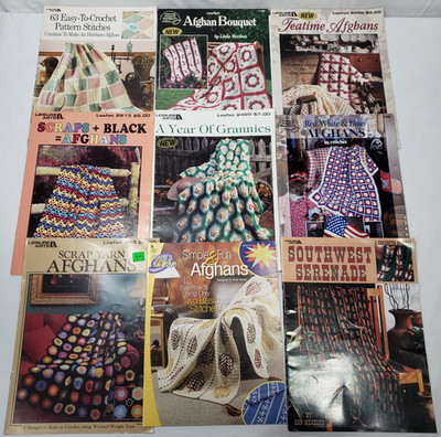Vintage Leisure Arts Afghan Patterns Lot Of 9 Booklets Leaflets Crochet Designs