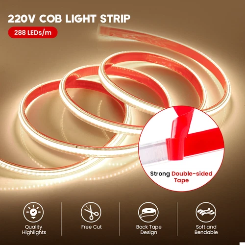230V 220V COB LED Streifen Stripe Selbstklebend Leiste Band Lichtschlauch 10mm