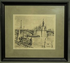 Estampado vintage de París por Franz Herbelot Estatua de la Liberte hombres barcos de pesca