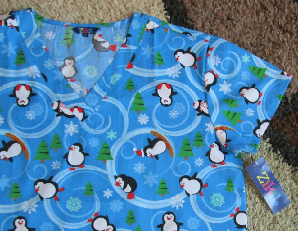 Christmas V Neck Scrub Top Bottom pockets Penguin & Xmas Tree Print Sz 2X - Image 2 of 4