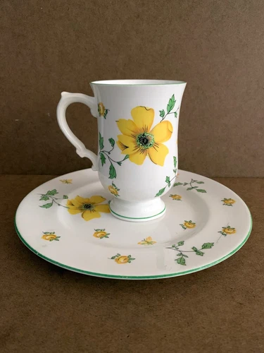 Royal Victoria Fine Bone China Yellow Flower Teacup Plate Set, Dogwood Roses