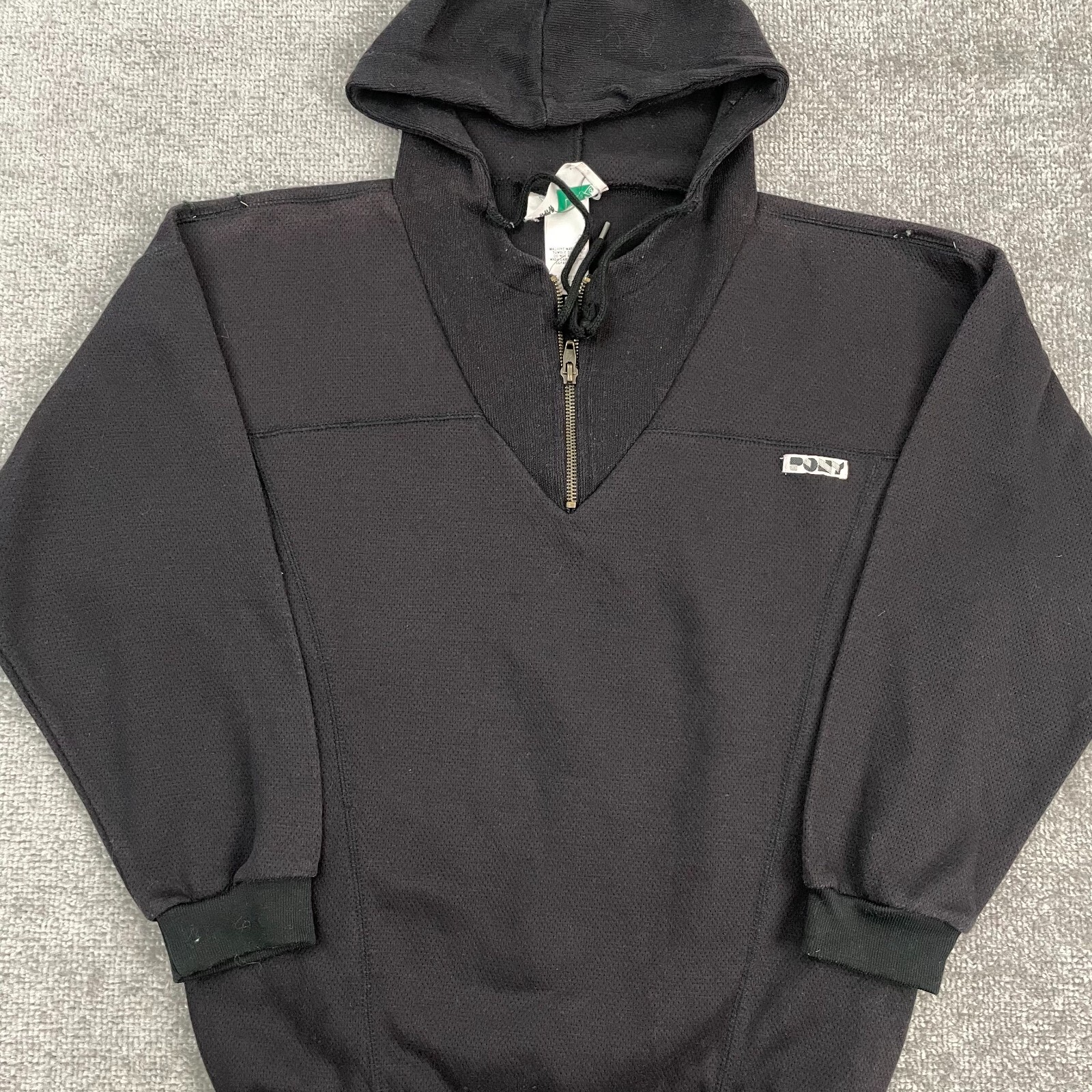 Felpa con cappuccio pullover vintage anni 80 PONY media tinta unita nera 1 4 zip manica lunga