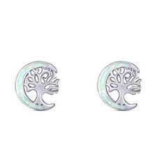 10mm Moon Tree Stud Earring Created White Opal Solid 925 Sterling Silver