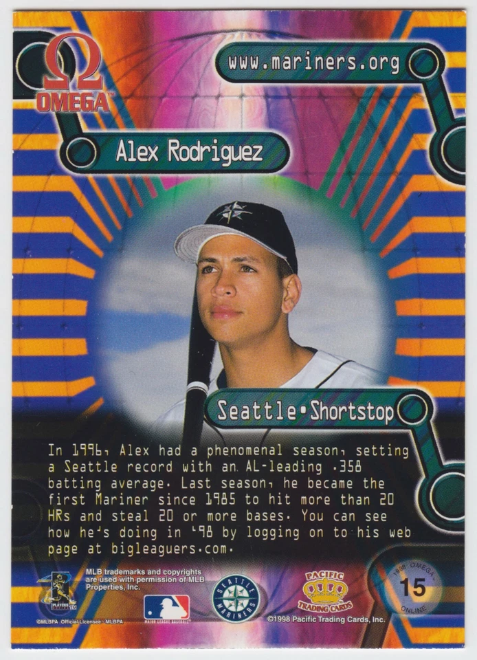 1998 Pacific Omega - Online Inserts - Alex Rodriguez - #15 - Mariners - NrMt - Image 4 of 4
