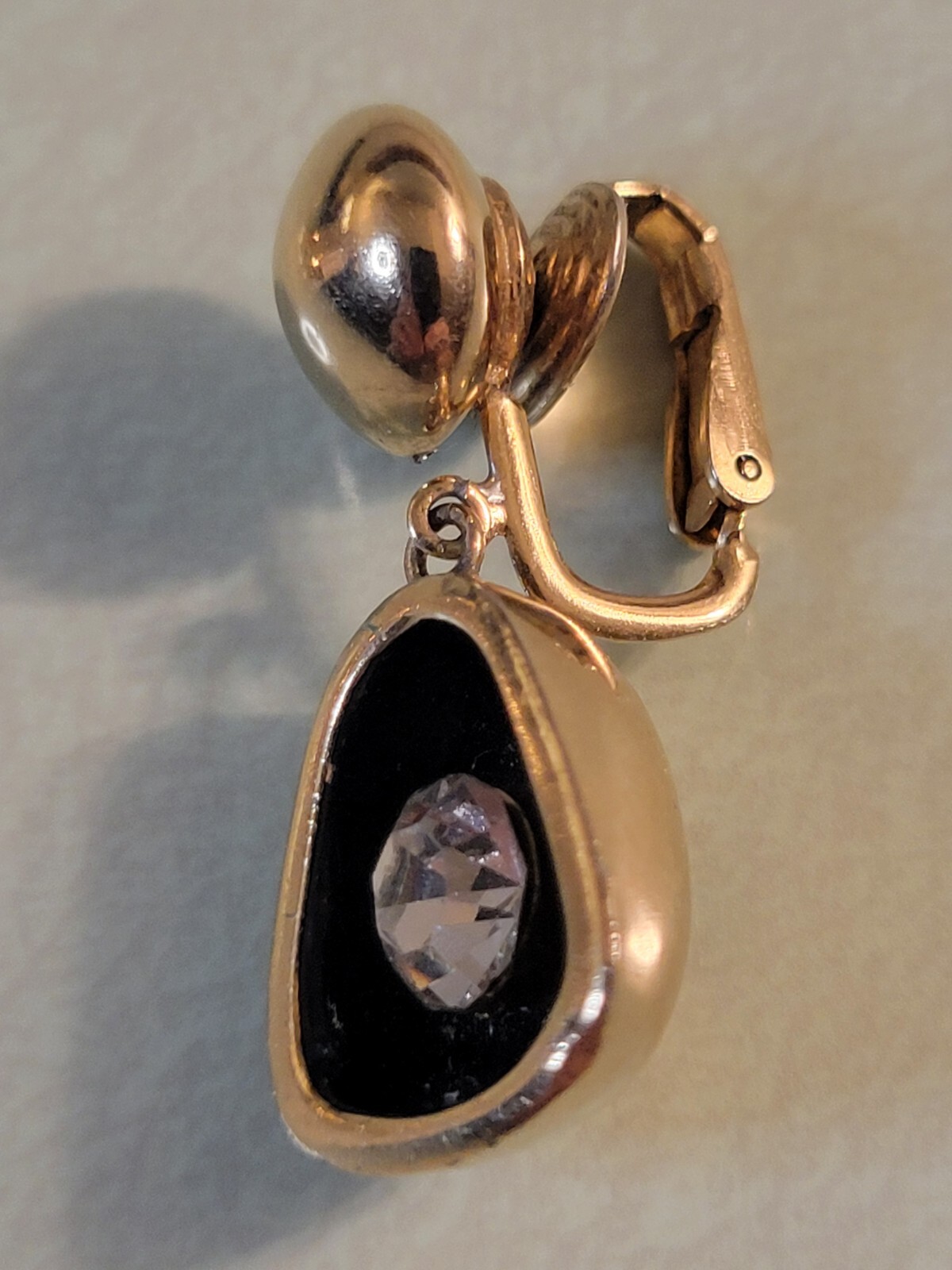 Vintage 1950s Castlemark Black, Goldtone & Rhinestone Lever Back, Drop