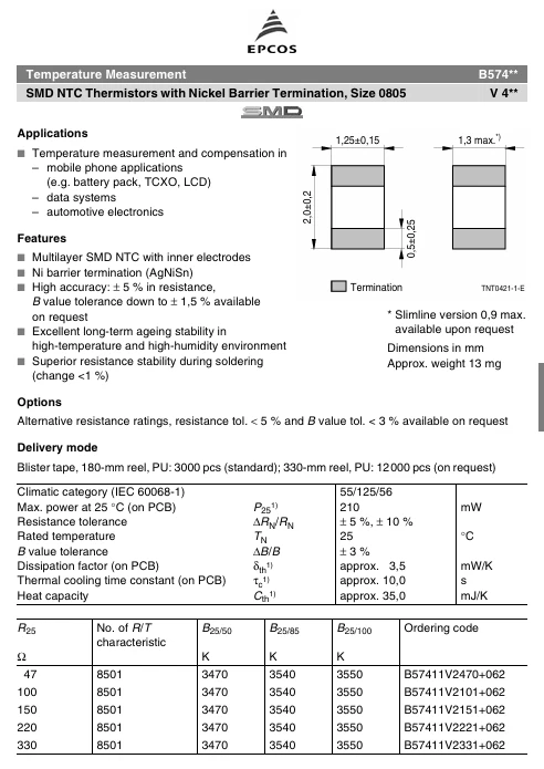 [3x] 0805 EPCOS 10kΩ 210mW 5% NTC Thermistor with Nickel Barrier Termination SMD - Image 4 of 4